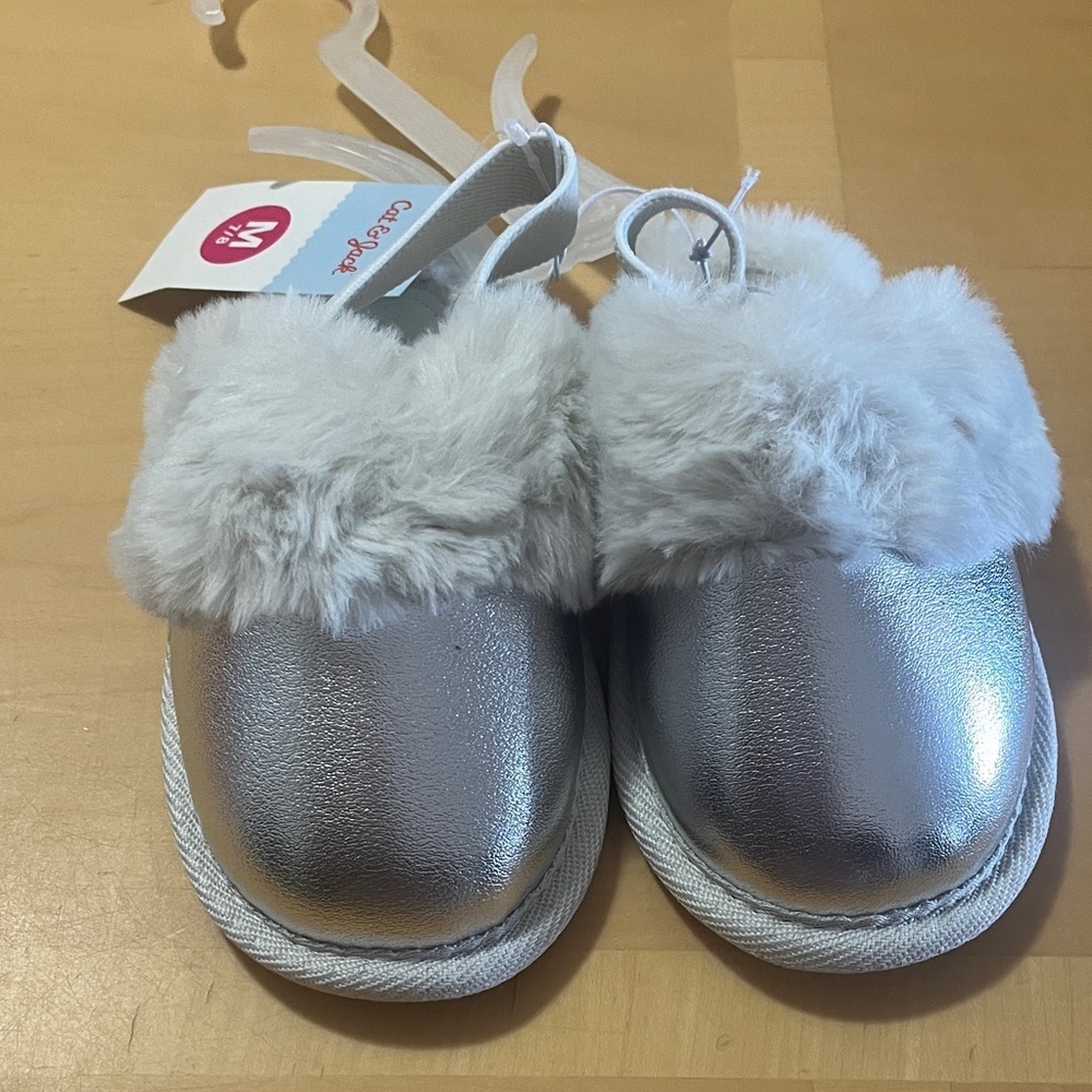 Cat & Jack Silver and White Faux Fur Kids Slippers